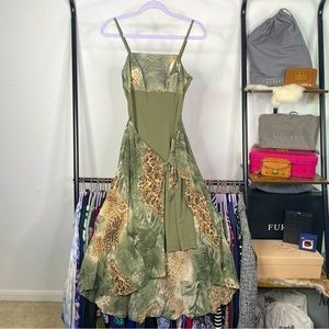 𝅺FRANK Lyman Design Strappy Olive Green Leopard Print Palm Tree Layered Dress